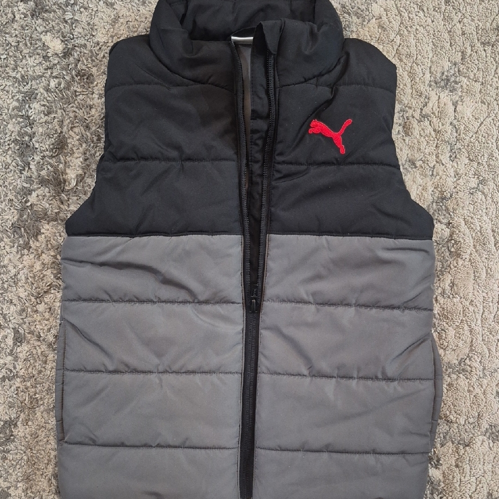 Puma Black and Gray Quilted Vest with Red Puma Logo